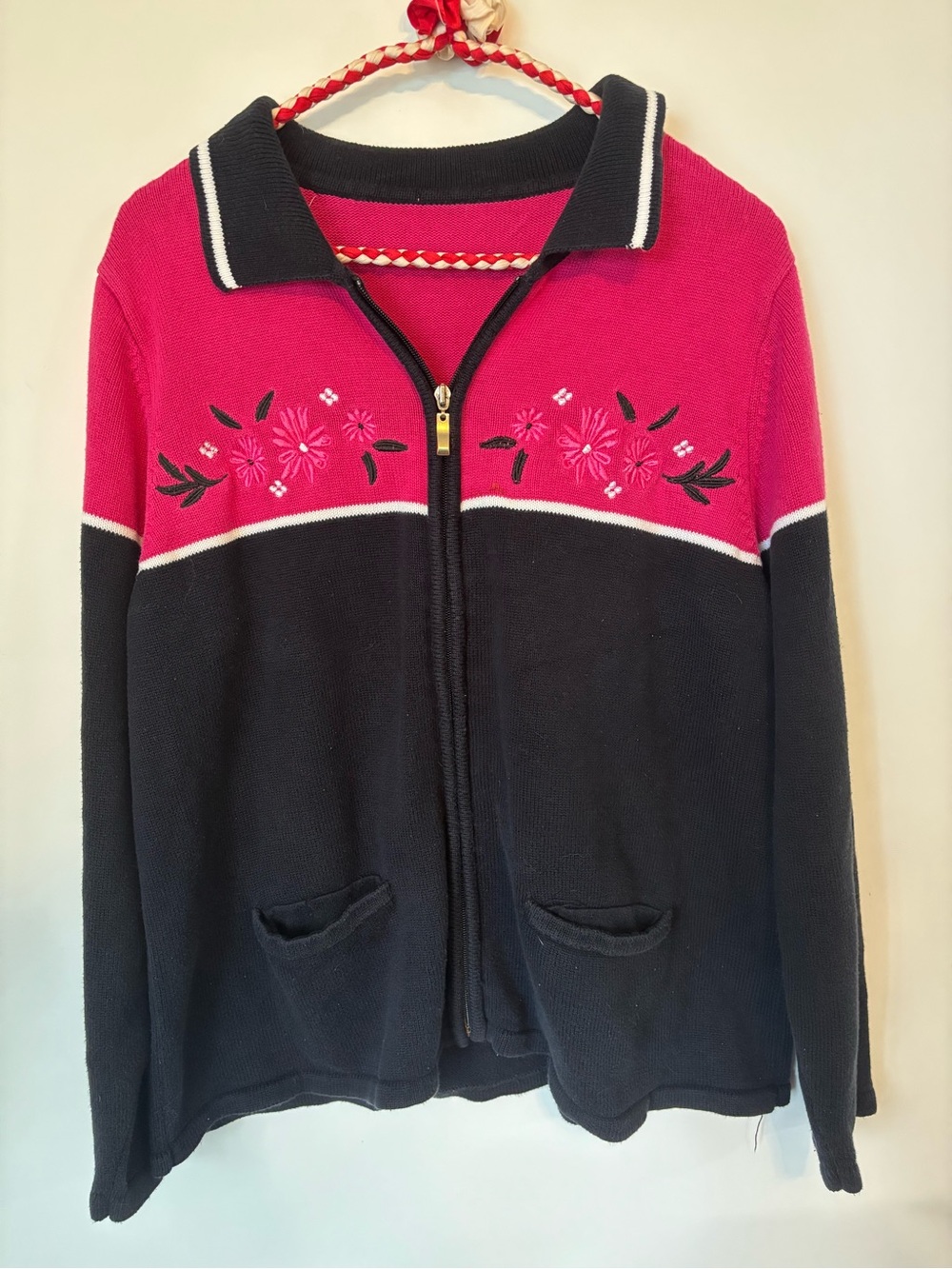Women’s Pink and navy Zip-Front Sweater with Floral Embroidery
